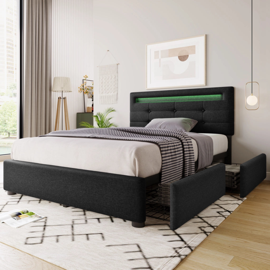 Letto singolo – 90x200 cm – LED 2 cassetti con materasso – legno nero