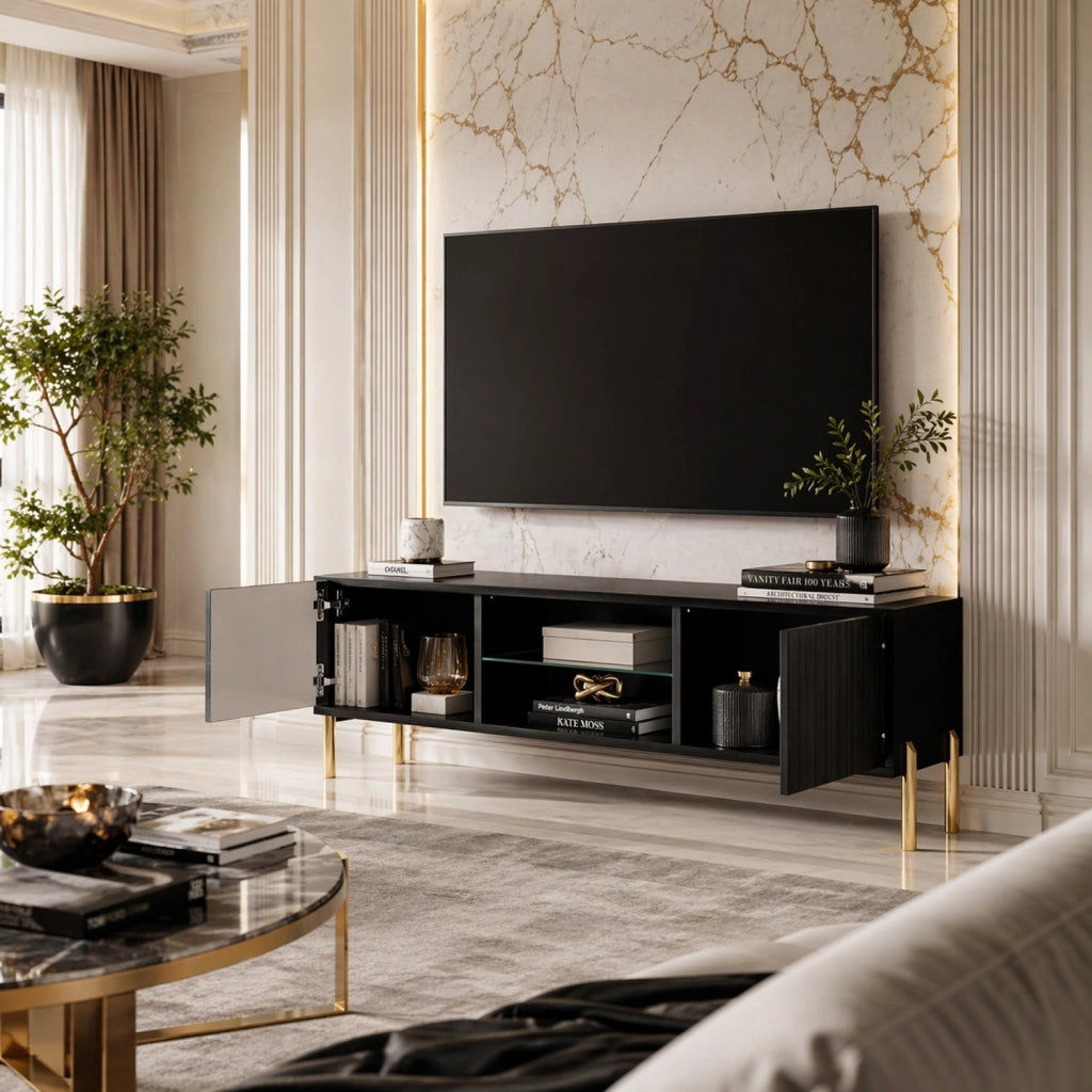 Mobile TV Per Soggiorno Living Con 2 Ante Battenti Vano Centrale A Giorno Ripiano In Vetro Passacavi Posteriori In Melaminico Design Contemporaneo 135 X 31 X 47 Cm Nero