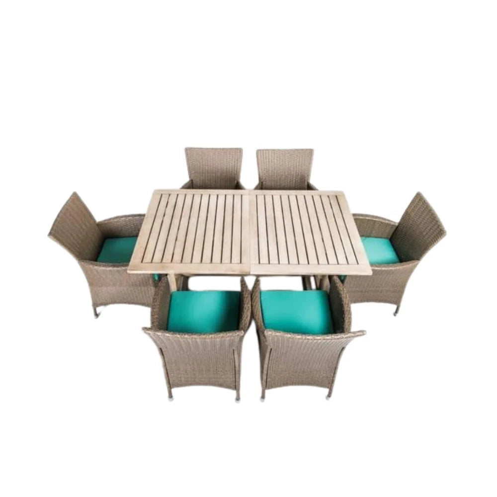 Set da esterno con 6 sedie e tavolo allungabile Solara in legno di Acacia-  Tav : 147/200cm ; Sed : 60cm x 64cm H. 82cm