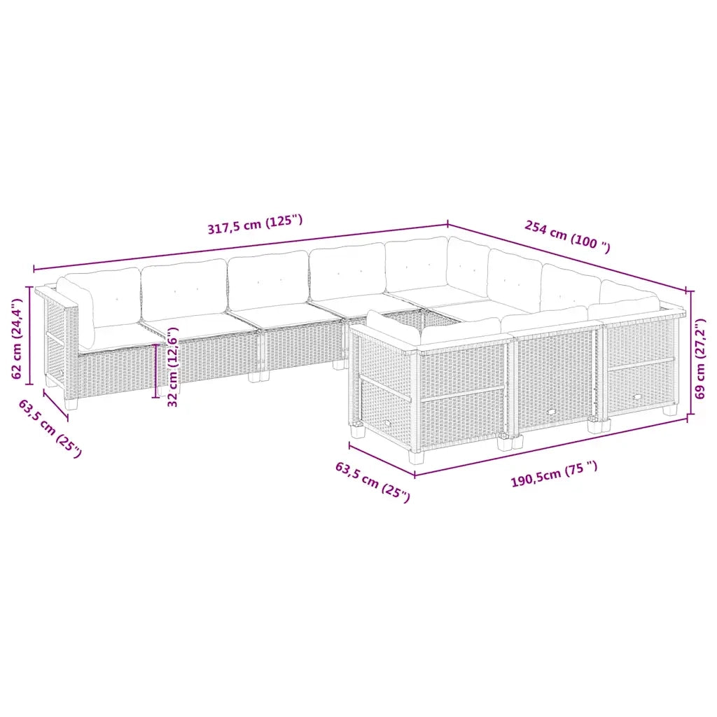 Set Divano da Giardino 10 pz con Cuscini Beige in Polyrattan 3262033