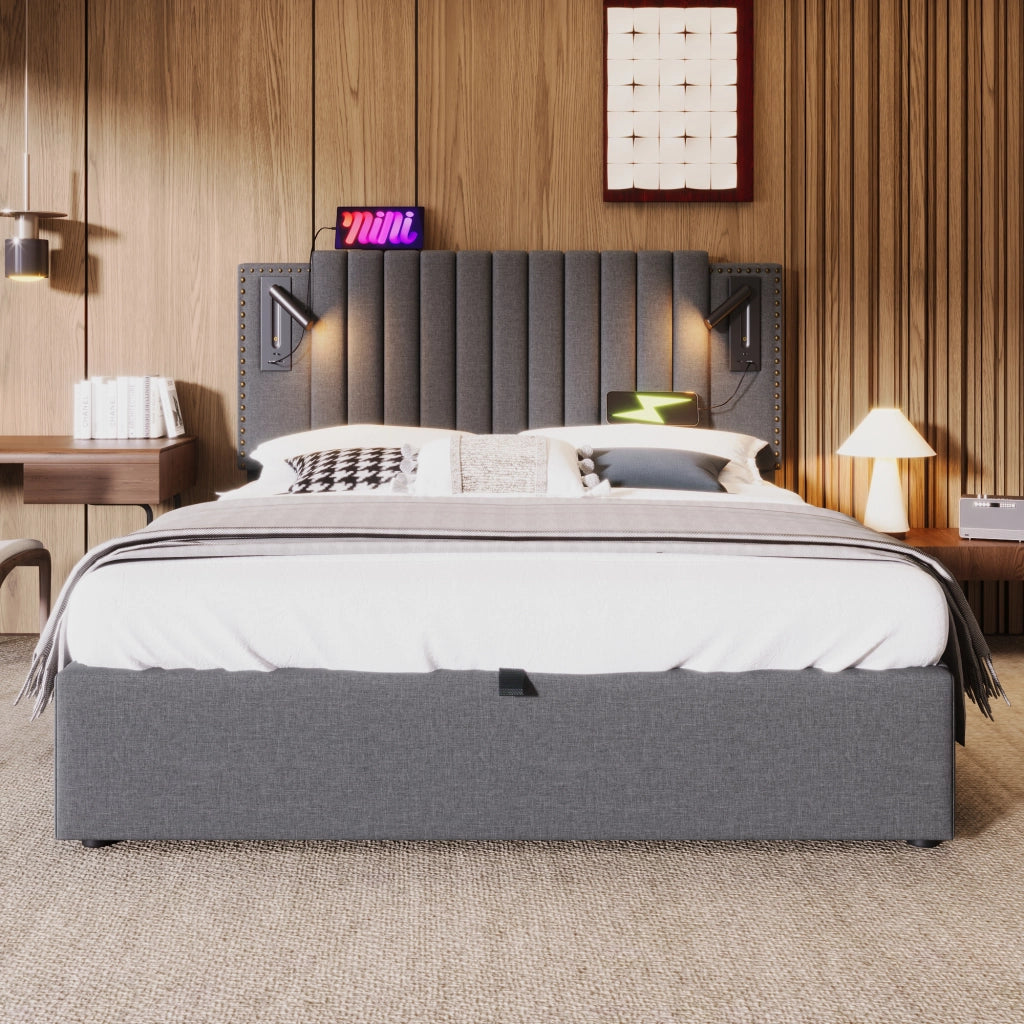 Letto matrimoniale – 160x200 cm – luce USB borchie rete – cotone grigio