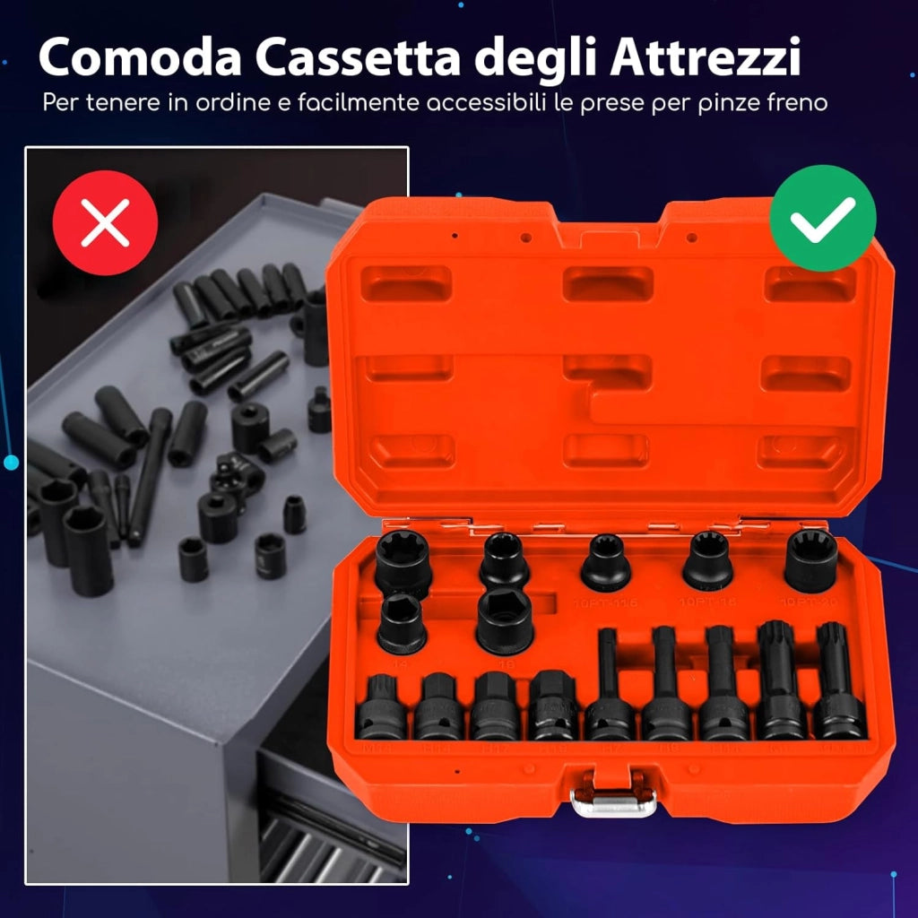 Set di Bussole per Pinze Freno da 16 Pezzi, Kit di Attrezzi per la Regolazione dei Freni con Chiave di Trasmissione da 1/2”, Compatibile con Vari Veicoli, 28 x 7 x 18 cm (Arancione)