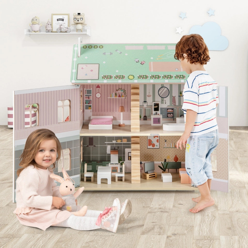 Casa delle bambole in legno per bambini con tetti doppio lato e porte apribili-Giocattolo a 3 livelli per 3+ anni Rosa