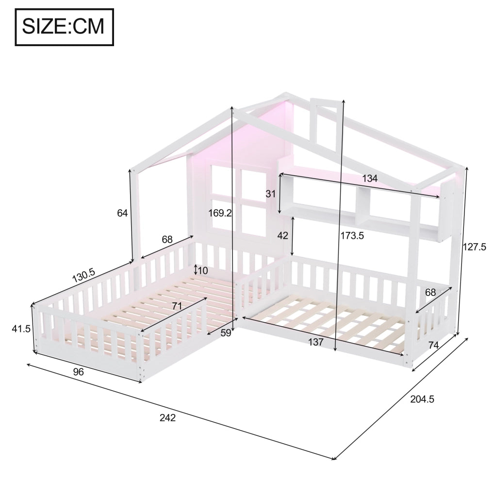 Letto a pavimento per bambini a forma di casetta con LED, ripiani e sponde