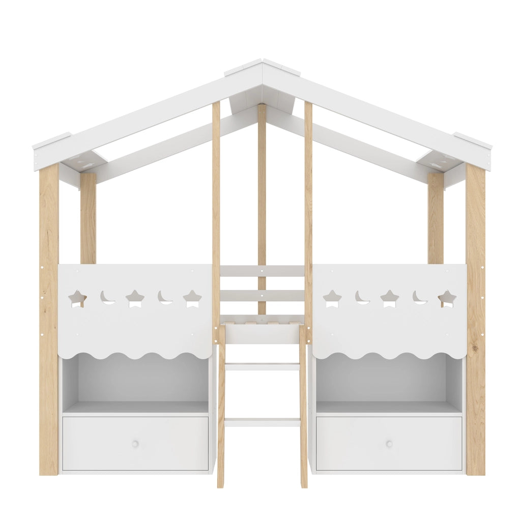 OKWISH Letto a Soppalco 90×200 cm, Letto Singolo con 2 Cassetti, LED Regolabile e Mensole, senza Materasso, in Pino, Bianco e Naturale