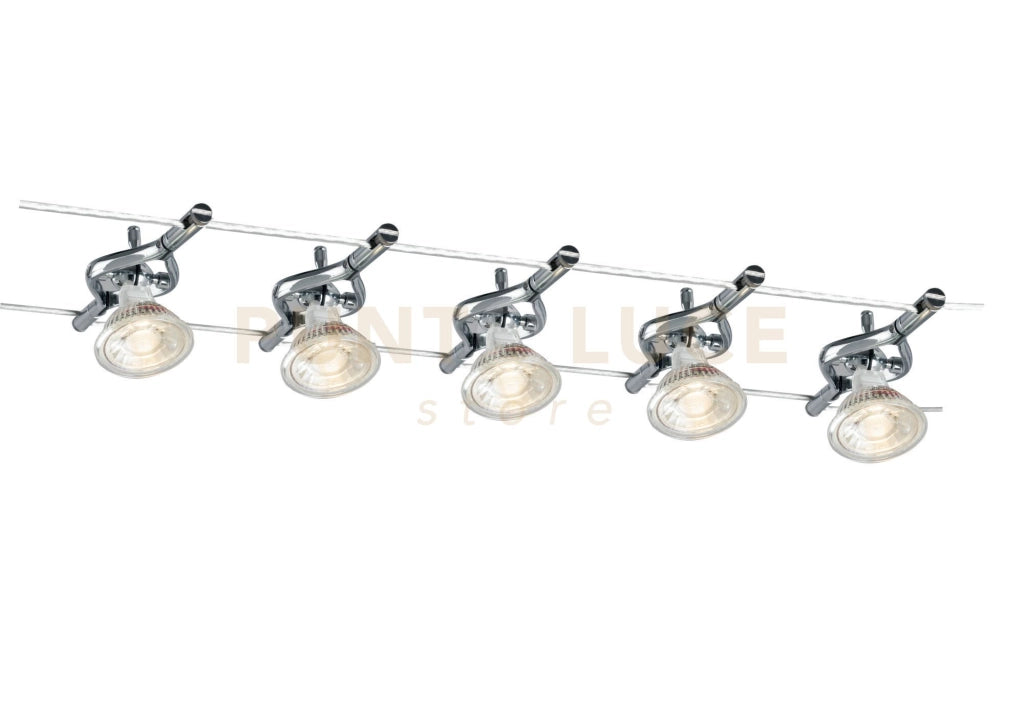 SISTEMA CAVI TESI 500CM CROMO 5 LUCI ATTACCO MR16 MAX 9W DRIVER 50W INCLUSO 12V
