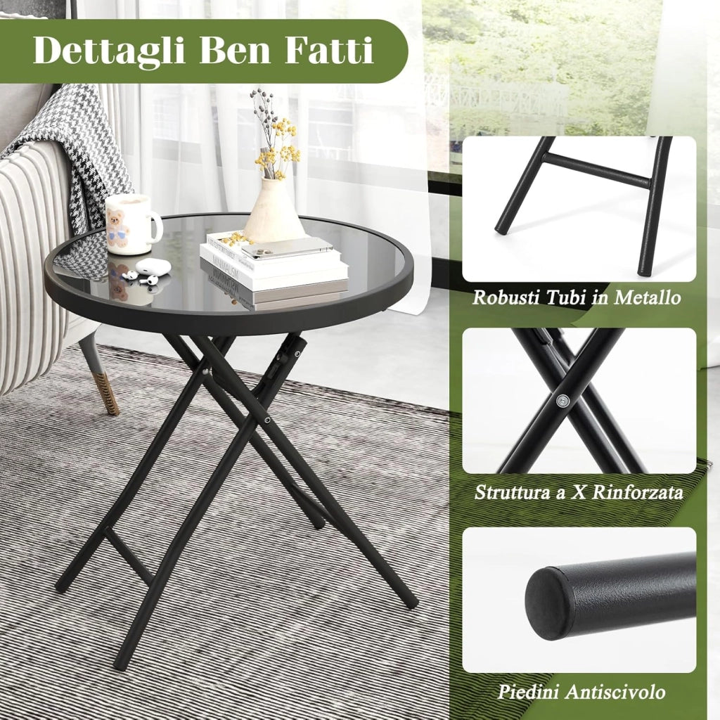 Tavolino da Giardino Pieghevole da 46 cm, Tavolino Rotondo Compatto da Patio, con Piano in Vetro Temperato e Struttura in Metallo, Tavolino Laterale Portata 50 kg (Nero)