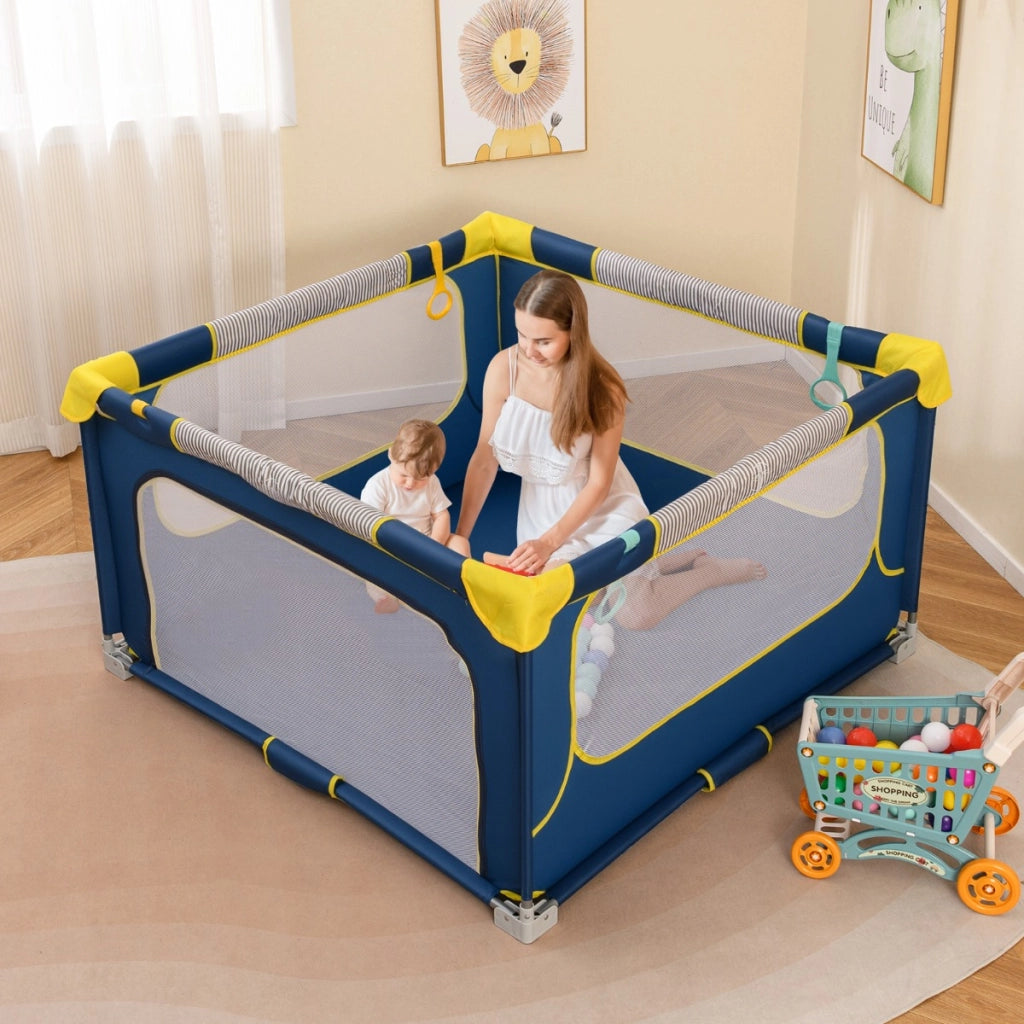 Box per bambini 127 x 127 cm senza montaggio, Recinto pieghevole per bambini con cancello con cerniera Blu