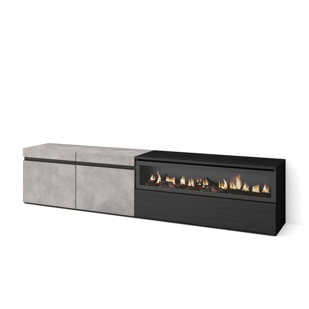Mobile TV, 200x35x45cm, soggiorno, Per TV fino a 80", Camino elettrico, grigio cemento RF2247