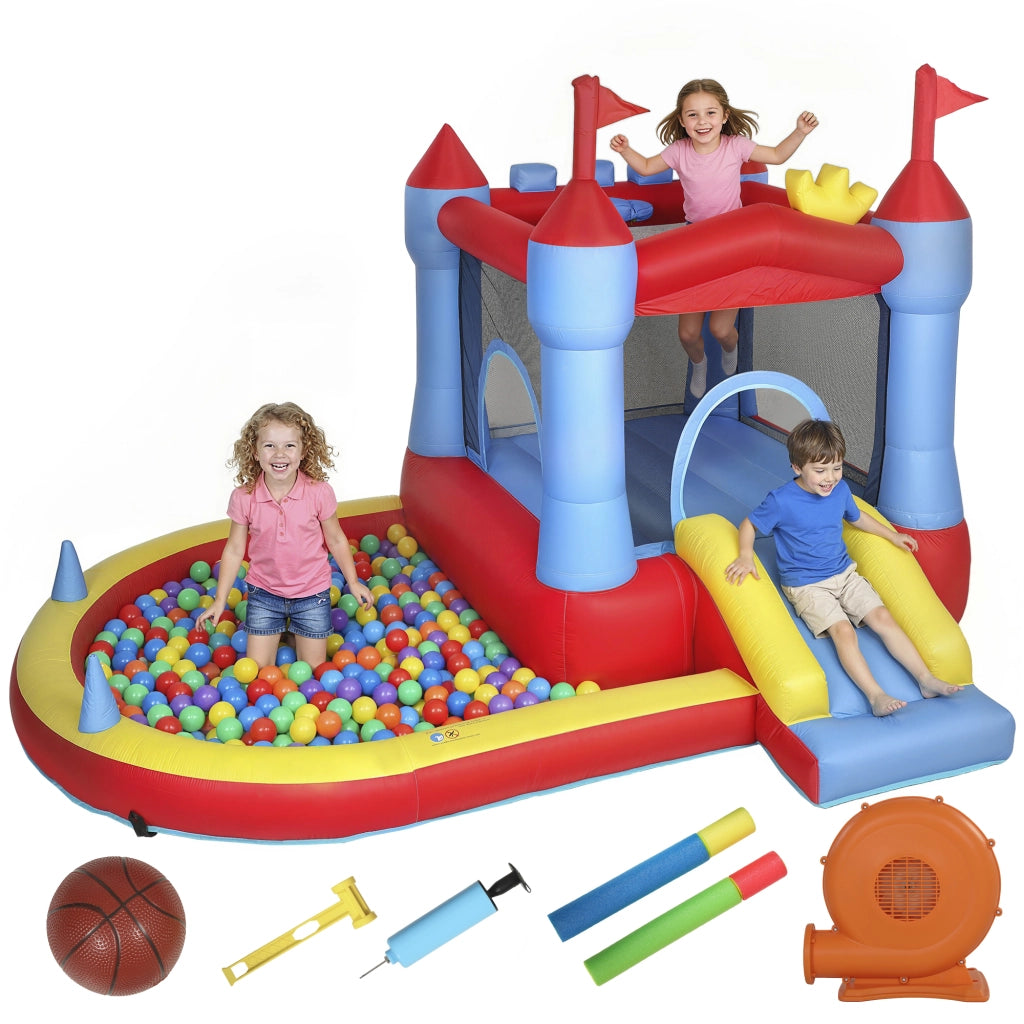 Castello Gonfiabile per Bambini con Scivolo, Piscina/Palline, Canestro da Basket e Soffiatore