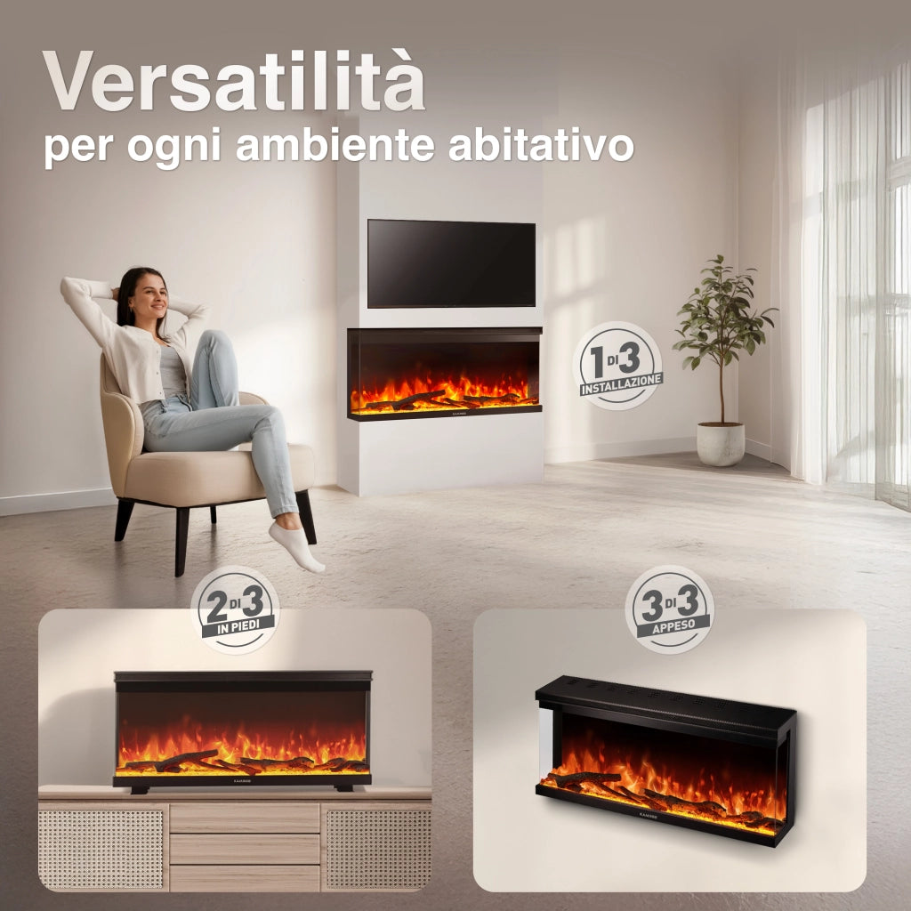 KAMINIO Camino elettrico LEA - Camino 3 in 1 con vista panoramica, riscaldamento, effetto fiamma, 12 colori delle fiamme, telecomando - 36 pollici