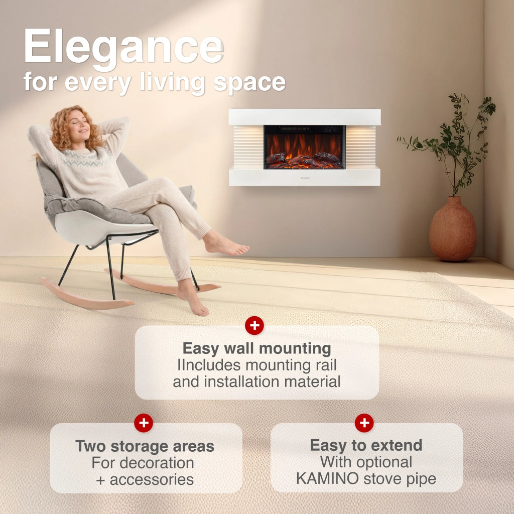 KAMINIO Camino elettrico LIZ - Camino elettrico da parete con riscaldamento, effetto fiamma 3D, luce ambiente a LED, telecomando - Bianco