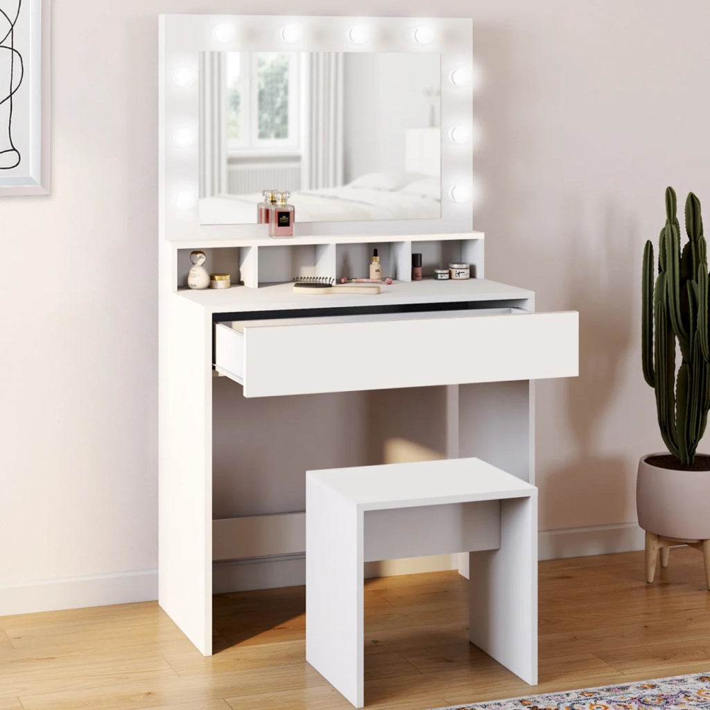 IDMarket - Mobiletto ZELIA con specchio LED, 4 nicchie, 1 cassetto e sgabello