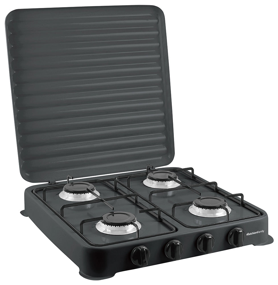 Melchioni Family Fornello a Gas Modello MINERVA NEW Quattro Fuochi Colore Nero per Utilizzo Esterno con Griglia e Fuochi Rimovibili e Coperchio