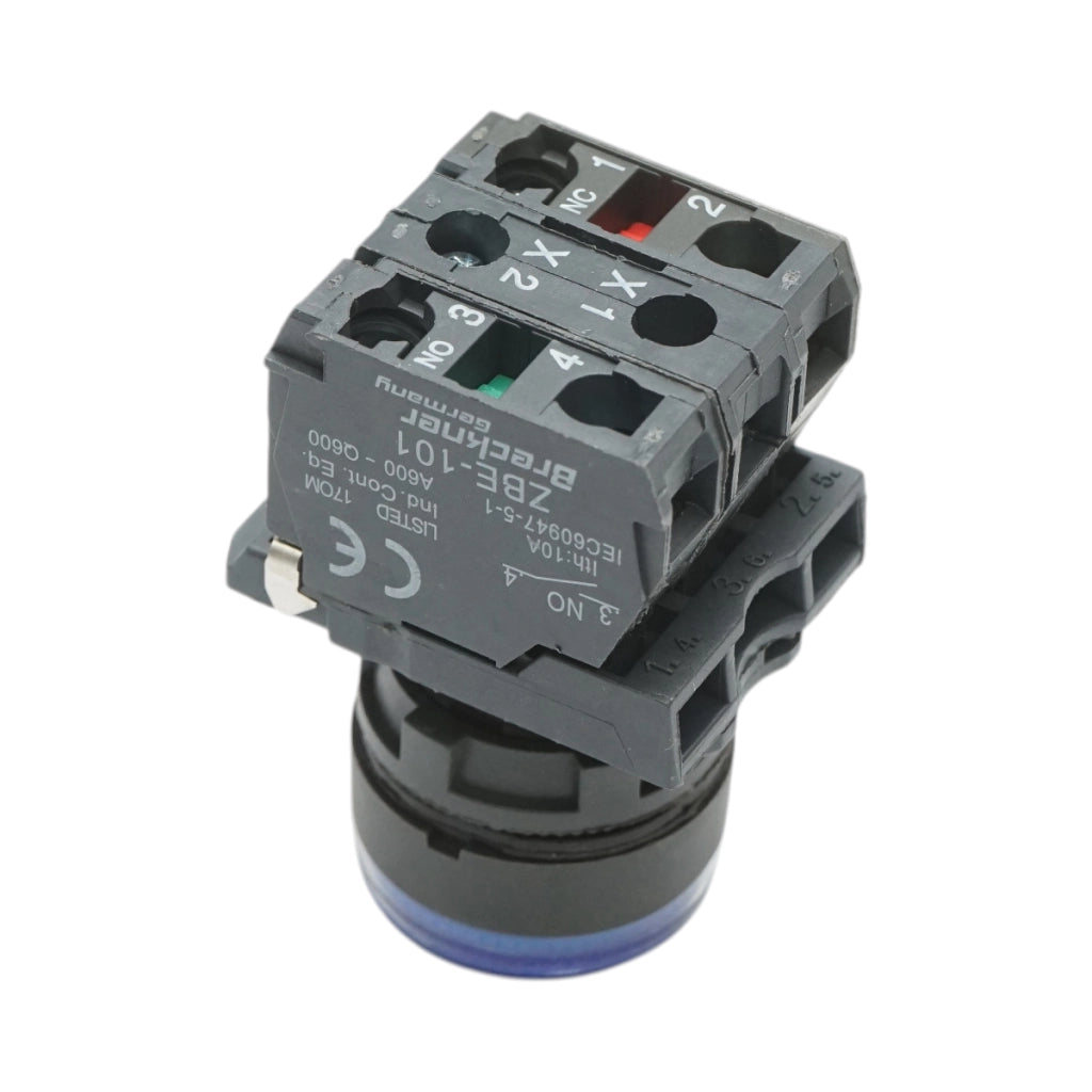 Pulsante con ritorno e segnalazione LED blu 1NO+1NC, 24V/10A TB5 Breckner Germany