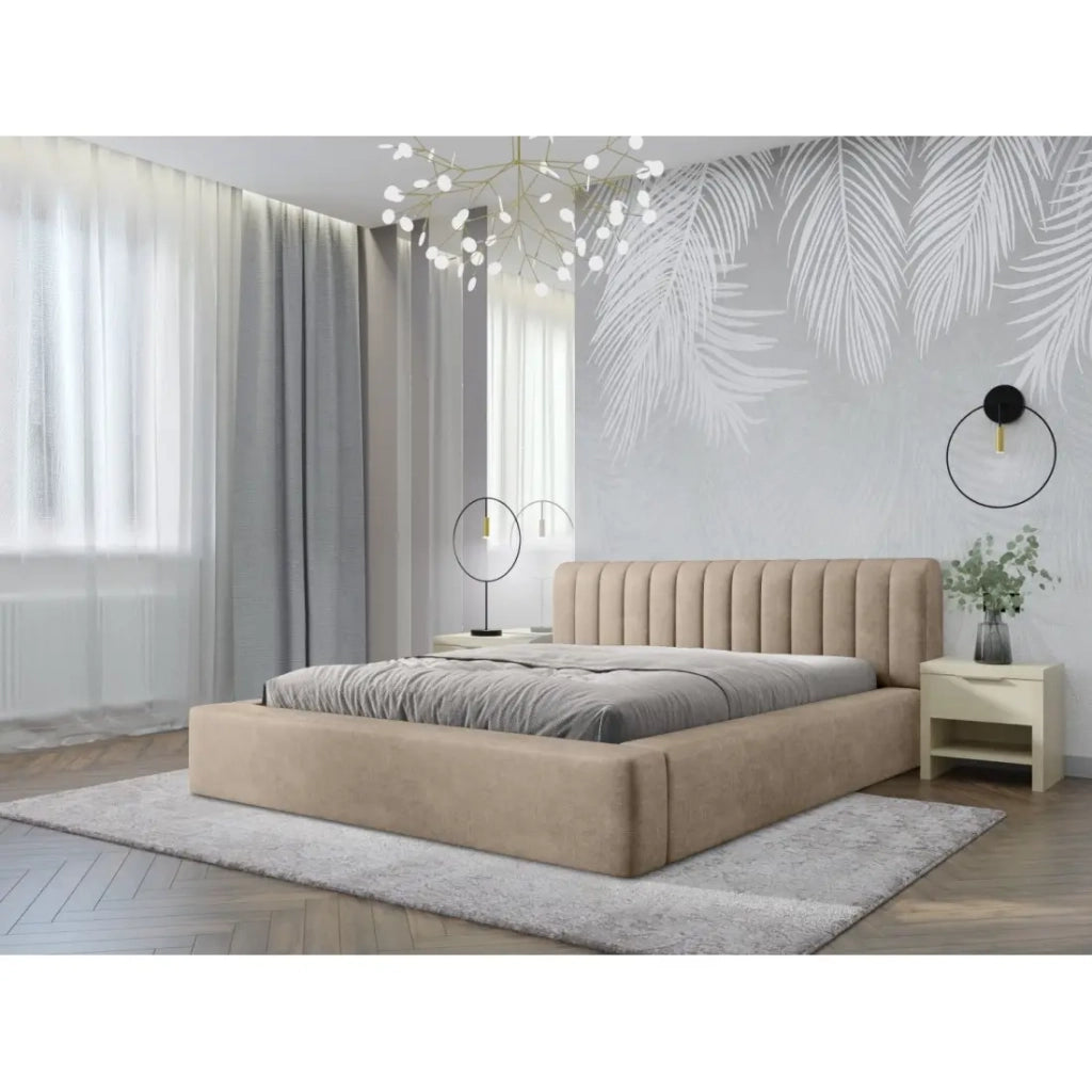 Letto contenitore CERVIN – Velluto morbido Nude Sablé – 140x200 cm – Rete sollevabile – Design elegante