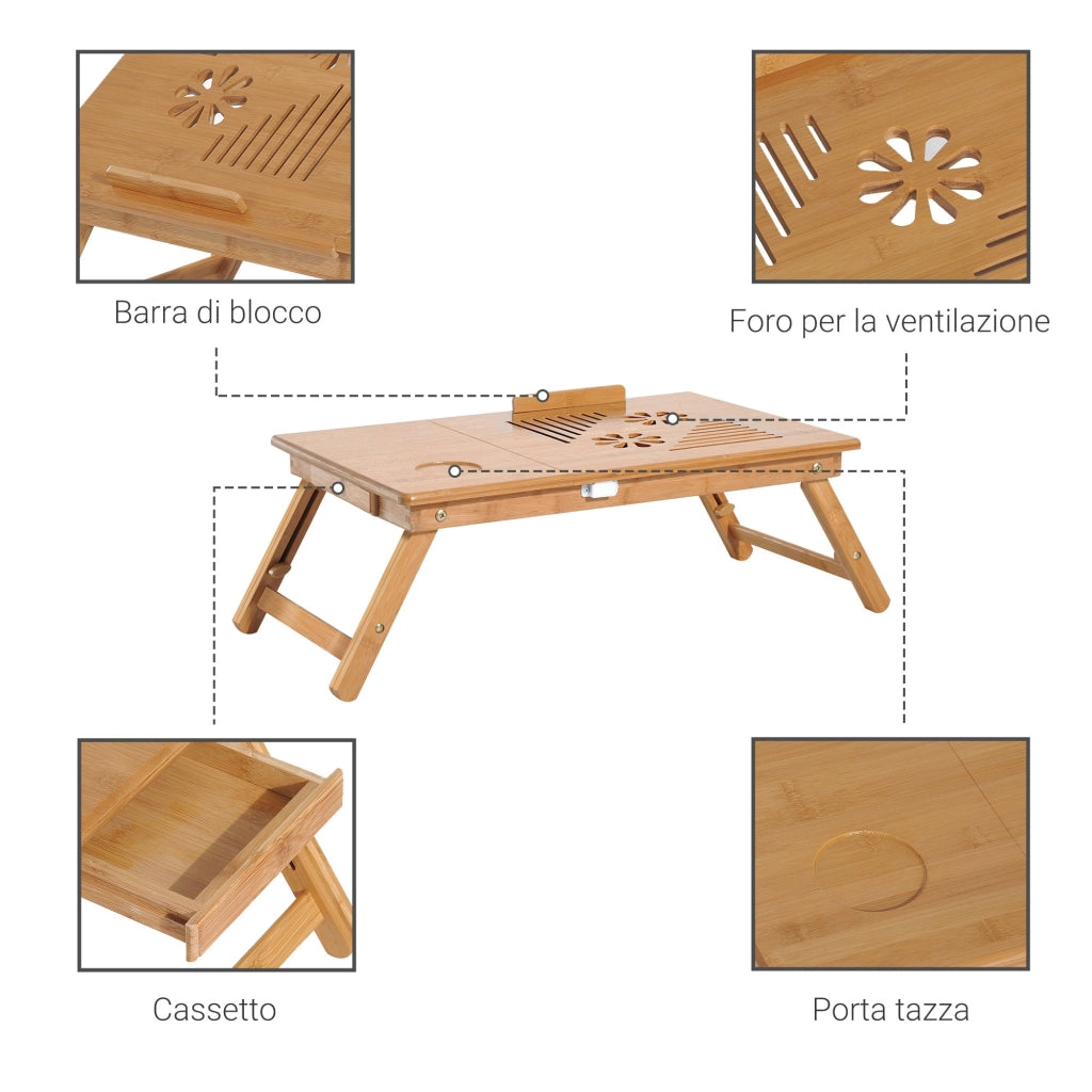 Tavolino da Letto per PC Portatile con Sistema di Raffreddamento in Bambù 55x35x22-30 cm