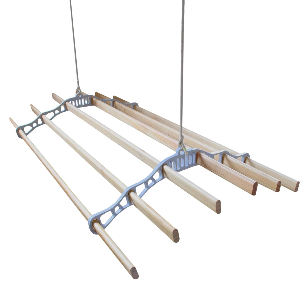 Stendibiancheria da Soffitto con 6 Stecche Legno 120cm e Supporti Ghisa Bianchi