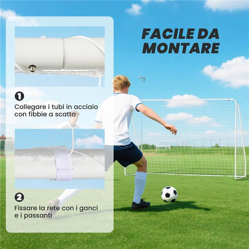 PORTA DA CALCIO PER GIARDINO E PARCO CON 6 PICCHETTI A U, IN PE E METALLO EPOSSIDICO, 301X120X200 CM, BIANCO