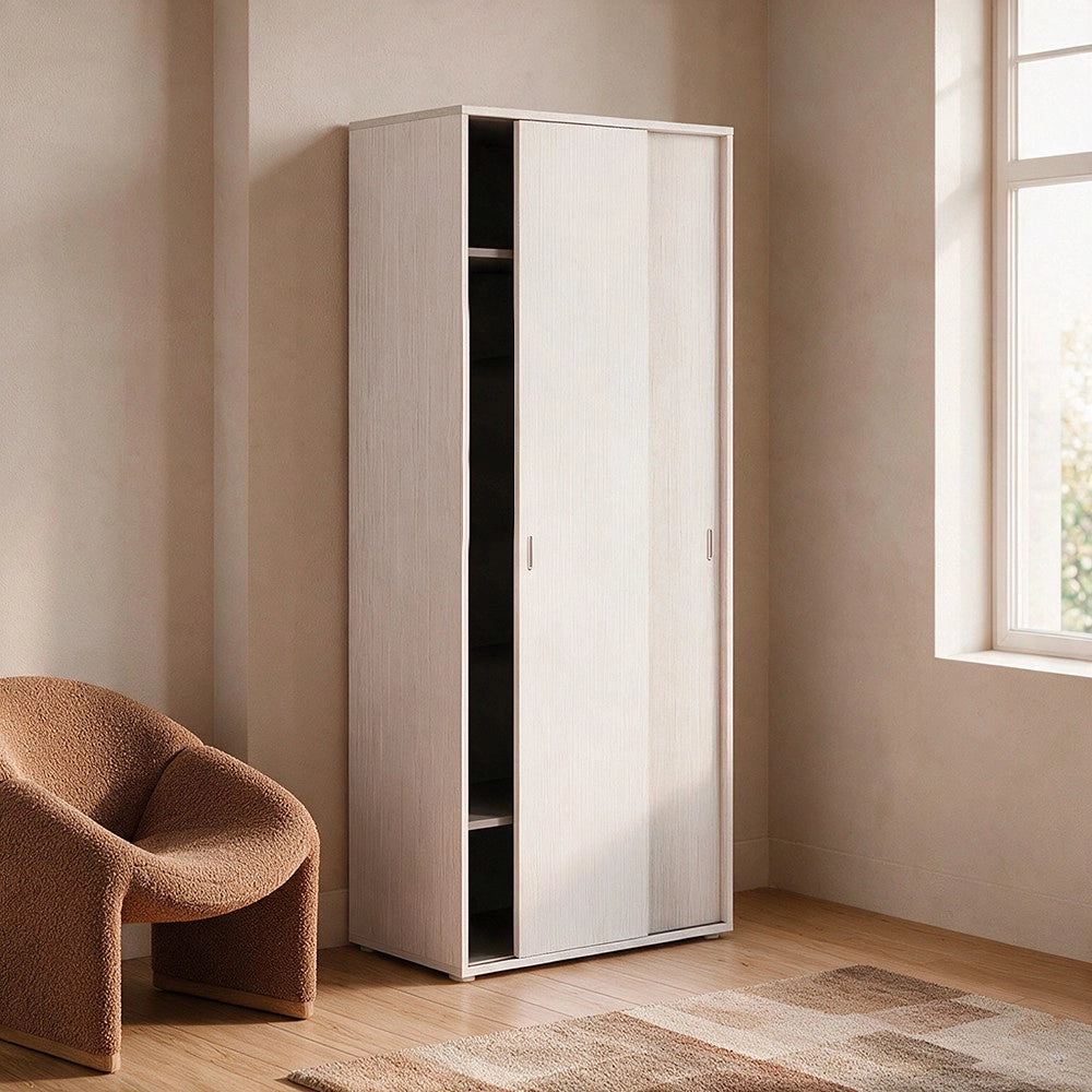 Armadio due ante scorrevoli 90x43x212h con appendiabiti colore bianco frassinato