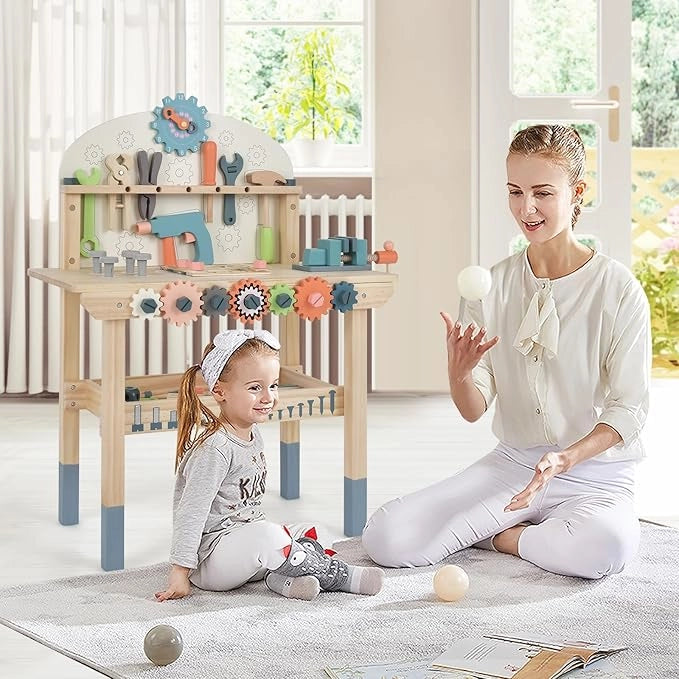 Banco da Lavoro per Bambini, Banco degli Attrezzi per Bambini in Legno con Attrezzi e Accessori Realistici e Ripiano, Tavolo da Lavoro Interattivo per Bambini 3 Anni+, Colorato