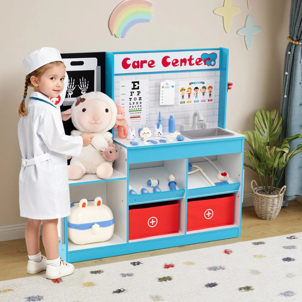 Ufficio del dottore giocattolo medico in legno per bambini, Ufficio del dottore radiografie monitor ecg Blu-Case e cucine giocattoli