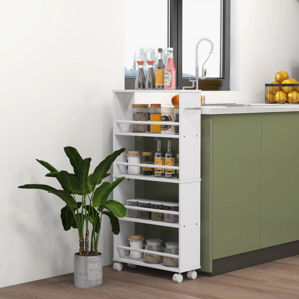 Libreria con Ruote, Stretto, 4 Ripiani ¨C Minimal ¨C Bianco 45x15x91 cm