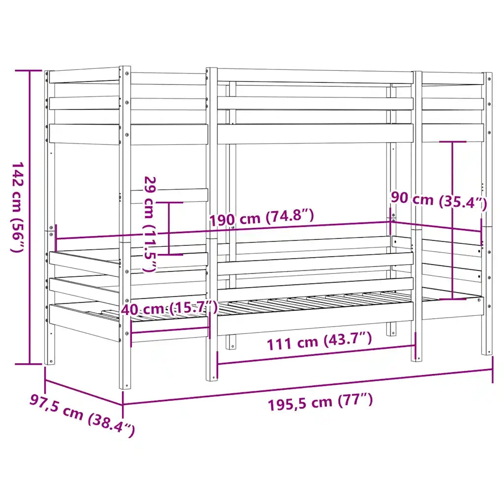 Letto singolo | Letto per adulti | Letto a Castello Marrone Cera 90x190 cm in Legno di Pino