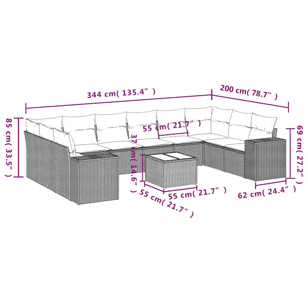 Set Divani da Giardino 11 pz con Cuscini Polyrattan Marrone 3255420