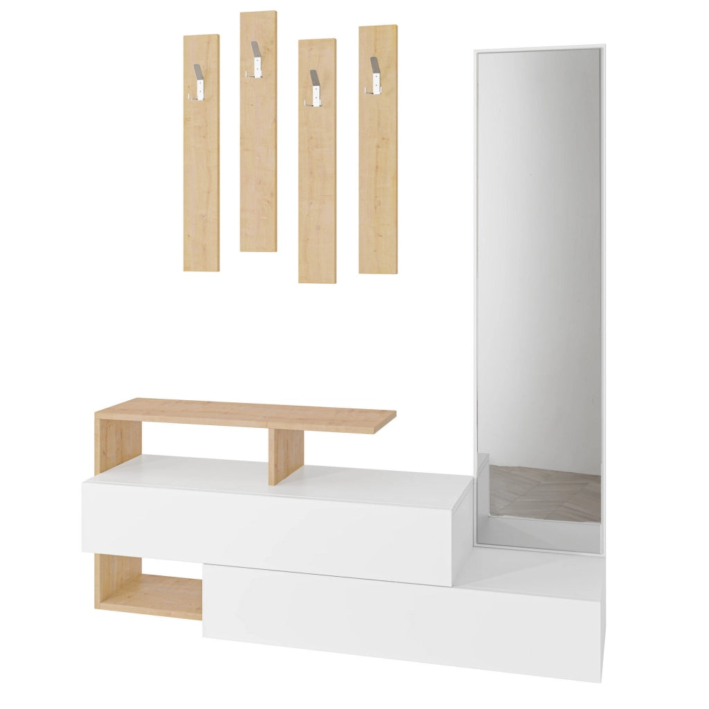 Mobile da ingresso "Ramda" con specchio in legno - 137 x 35 x 154 cm - Beige