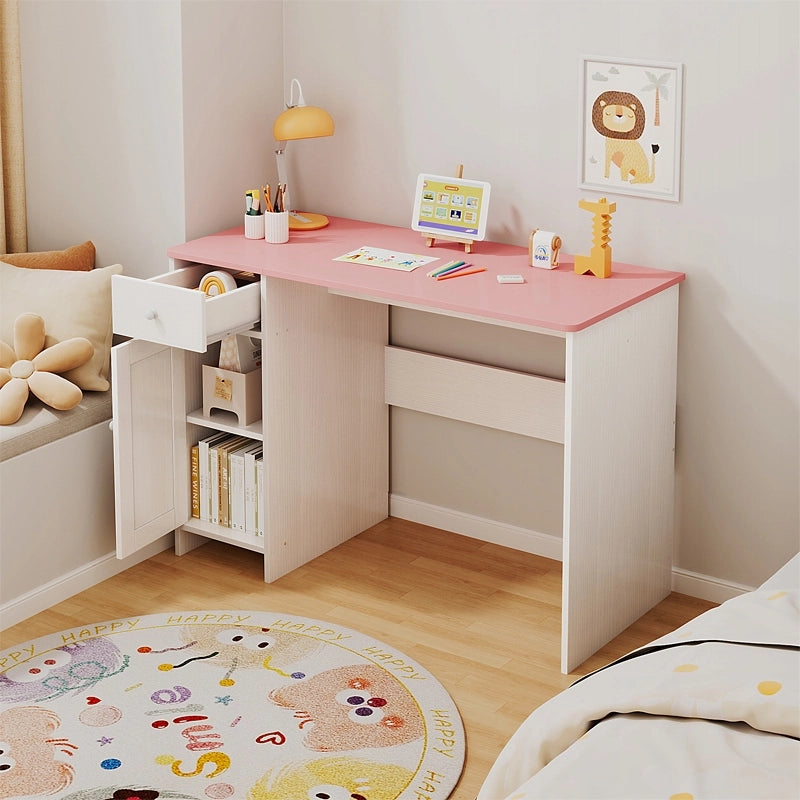 Scrivania bianca con cassetto e armadietto per ragazze con piano in stile loft rosa, 110 cm