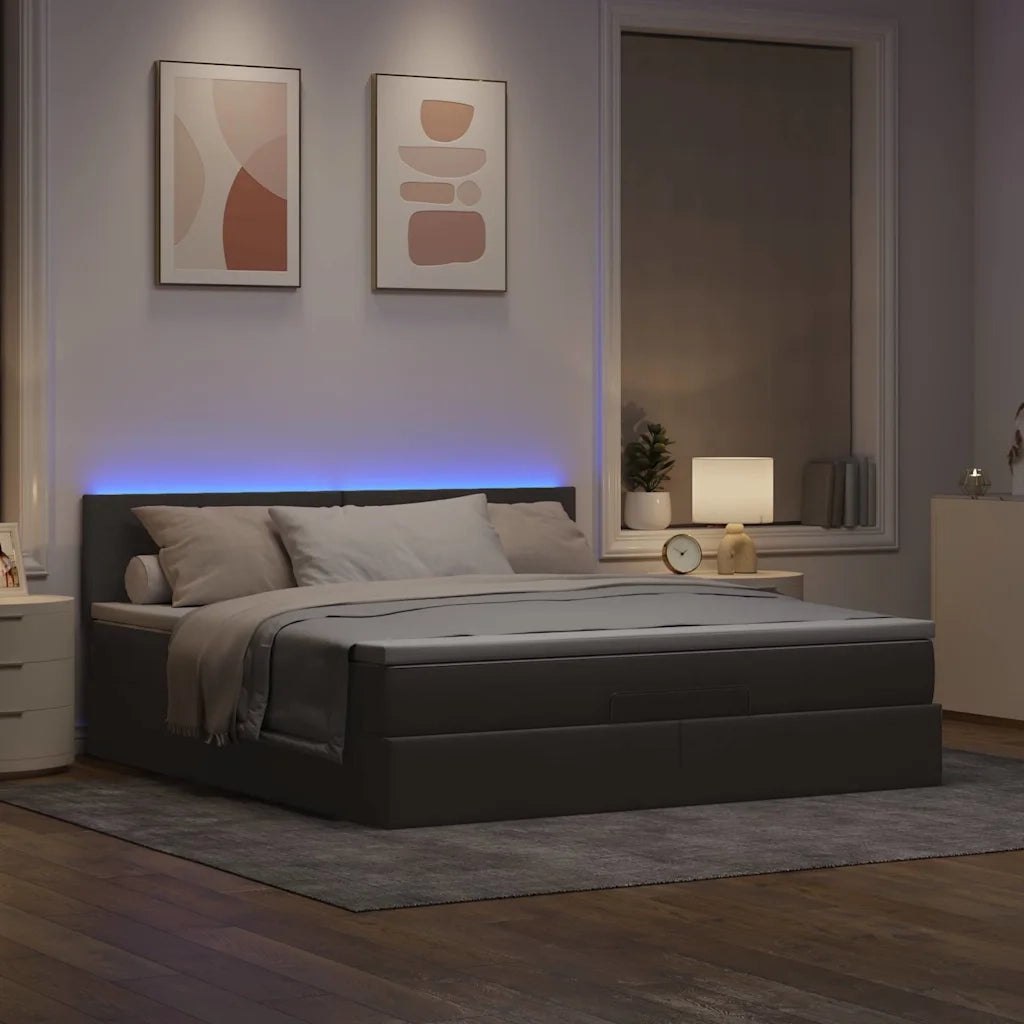 Pouf Letto con Materasso e LED Tortora 180x200cm in Tessuto