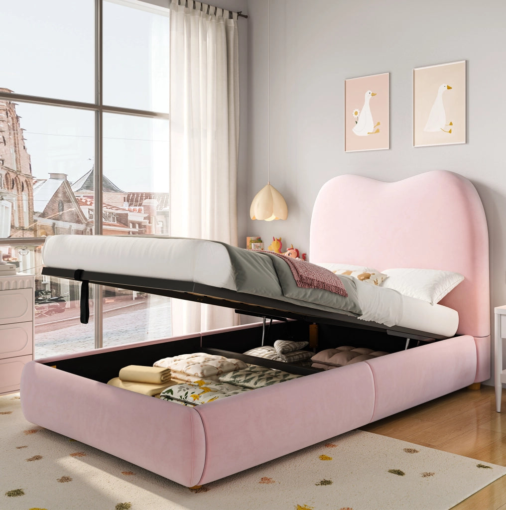 Letto imbottito per bambini in velluto rosa con contenitore