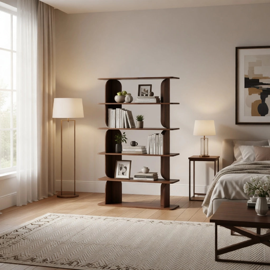 Libreria Moderna Con 5 Ripiani A Giorno Design Minimal Contemporaneo Ideale Per Soggiorno Studio Salotto Corridoio Zona Living E Ufficio In Melaminico 120 X 181.5 X 34 Cm Noce