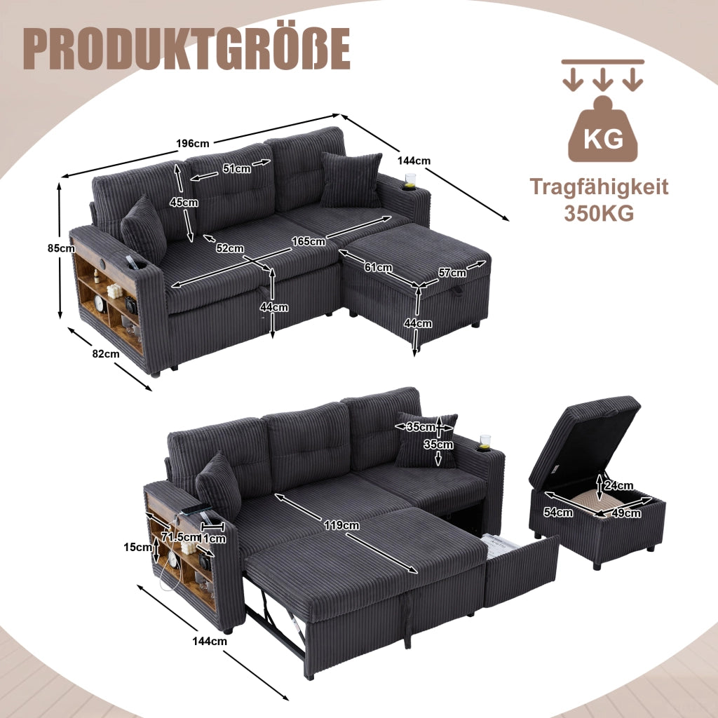 Divano Letto Contenitore in Tessuto a Coste con LED e USB ¨C MINIMAL ¨C Grigio