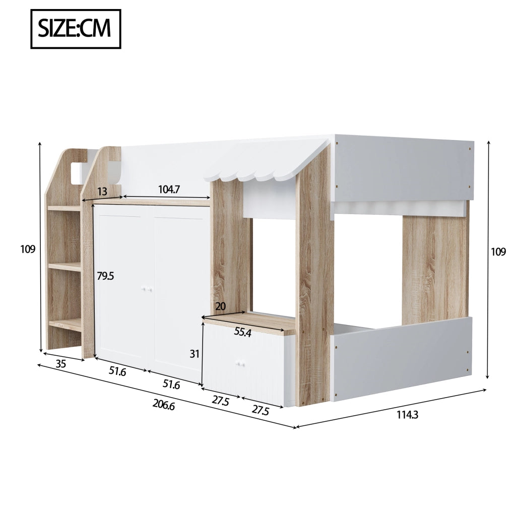 OKWISH Letto a soppalco 90×200 cm, Letto Singolo con Scala Ampia, Contenitore e Vani, senza Materasso, in Legno, Bianco Naturale