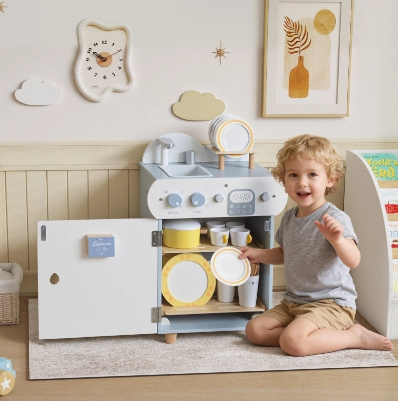 Lavello giocattolo ULEVR in legno blu con 32 accessori, set cucina per bambini dai 3 anni