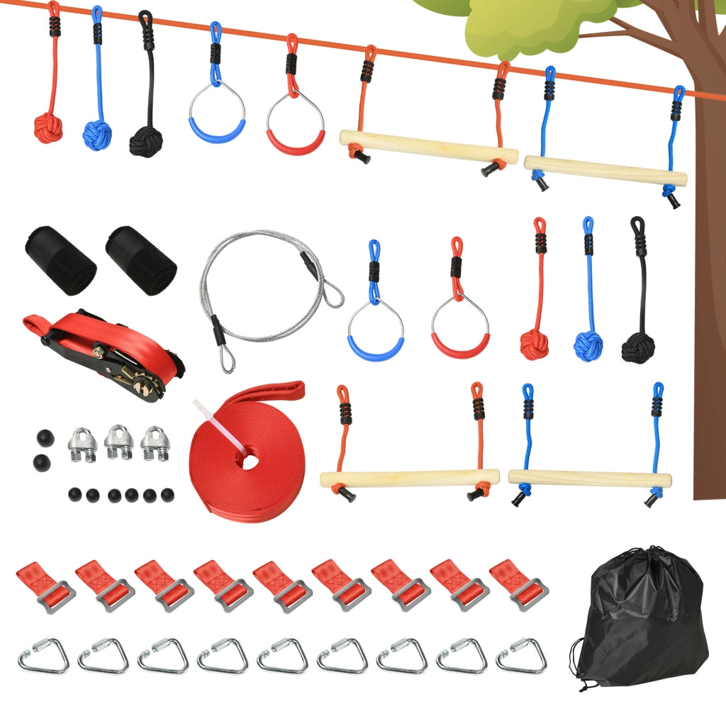 Percorso ostacoli ninja per bambini ¨C Xylo ¨C 30 accessori con slackline 10m blu nero rosso