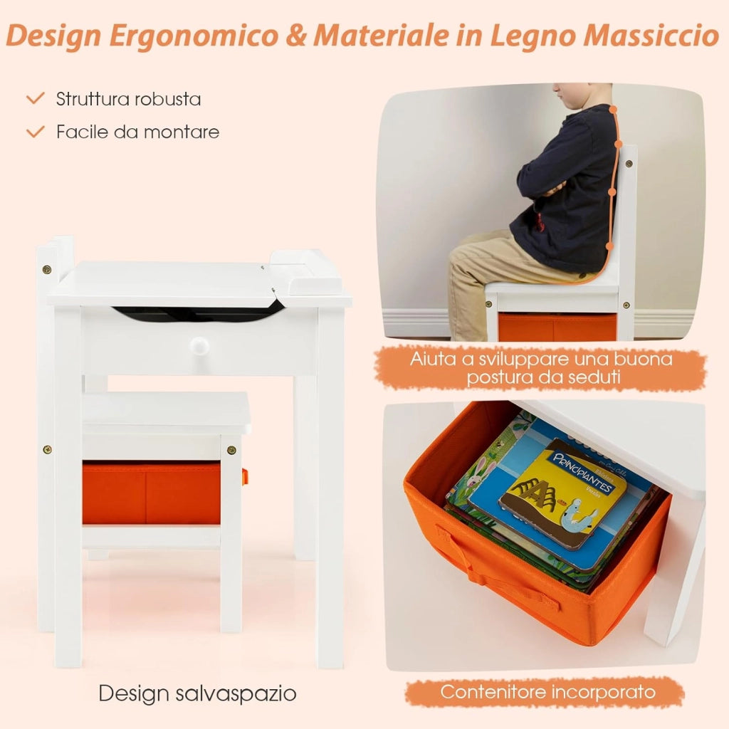 Set Tavolo e Sedia per Bambini, Scrivania Ribaltabile con Sedia per Bambini in Legno, con Cassetto e Gancio Estraibile, Bianco/Naturale (Bianco)