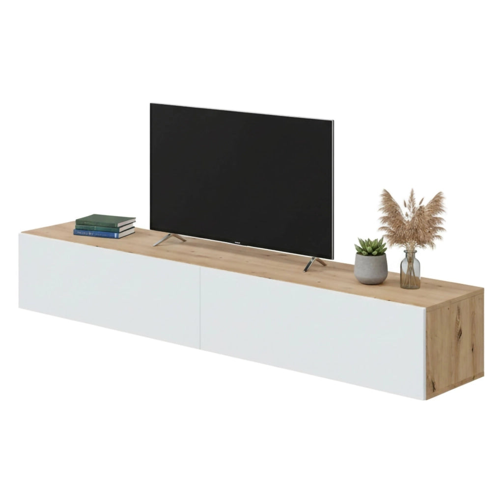 Mobile porta TV Senectus, Porta TV a 2 ante, Mobile sospeso soggiorno, 180x35h28 cm, Rovere Nodi e Bianco lucido