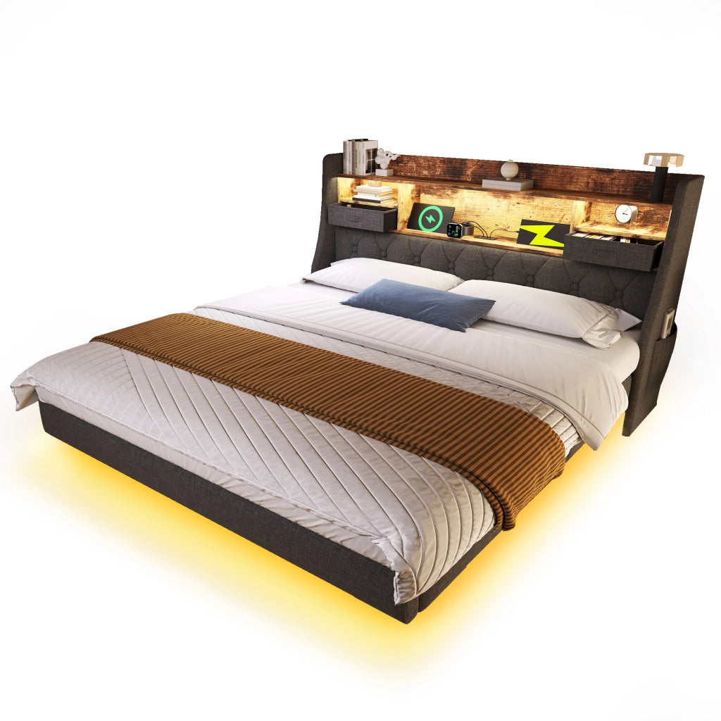 OKWISH Letto Imbottito 160×200 cm, Letto Matrimoniale con LED Regolabile, USB, Type C e Mensola Contenitore, senza Materasso, in Lino, Grigio