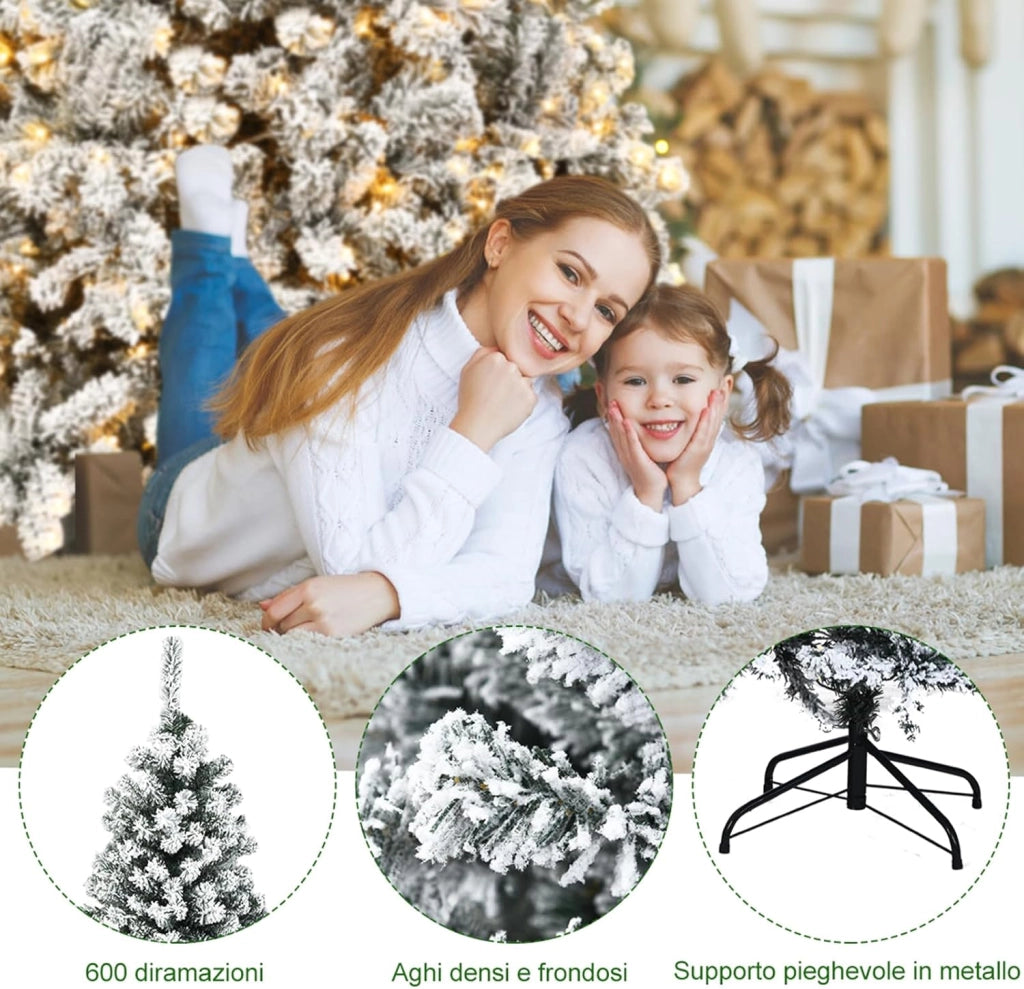 Albero di Natale Innevato 180 cm, Albero di Natale con 250 Luci a LED Bianco Caldo, 600/1010 Rami Folti e Base Metallica, Ideale per Casa, Ufficio e Negozio (180 CM)