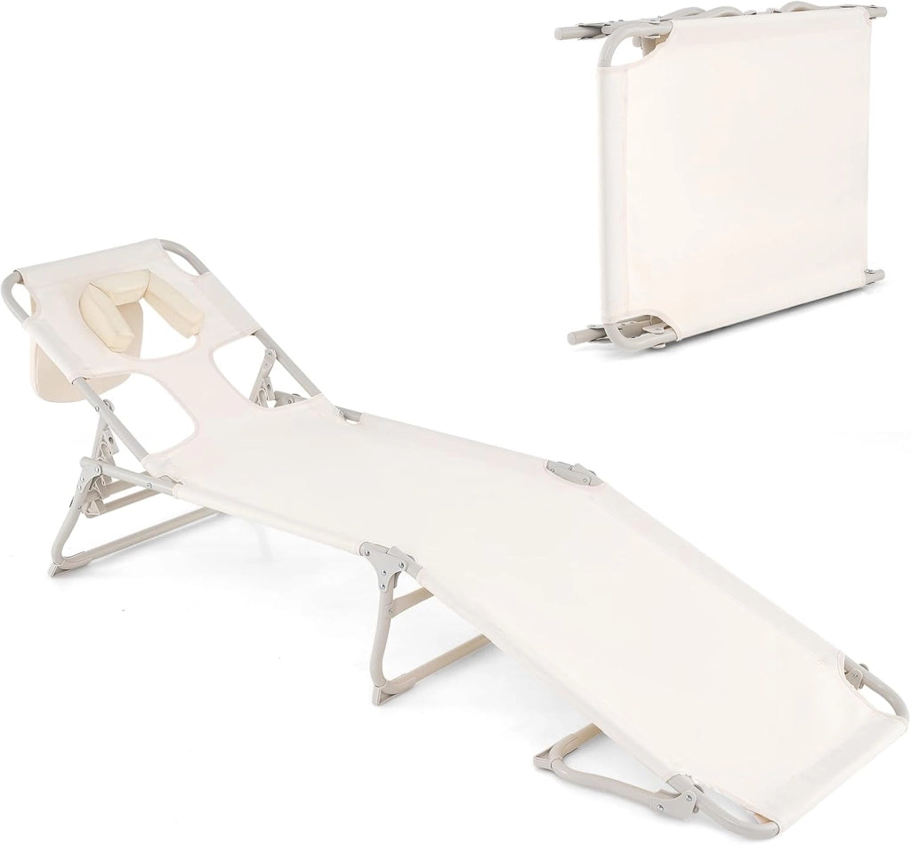 Lettino Prendisole con Fori per Viso e Braccia, Sdraio da Spiaggia Pieghevole con Schienale e Poggiapiedi Regolabili, Chaise Lounge per Esterni per Campeggio, Portata 200 kg, Beige