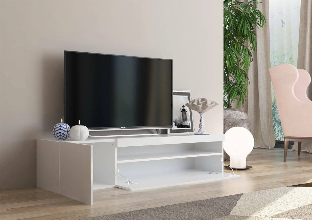 Mobile da soggiorno Porta Ardy, Made in Italy, Credenza per Ardy a 2 ante, Porta Ardy da salotto, cm 150x40h37, Bianco lucido, con luce LED blu