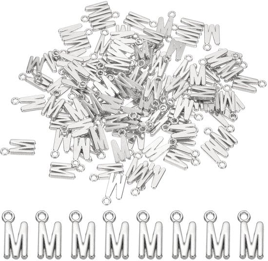 100 lettere metalliche in stile charme, da 100, per bulk, per artigianato, per gioielli fai da te, per orecchini, collane, anelli, catenelle, in argento scuro, lettera M