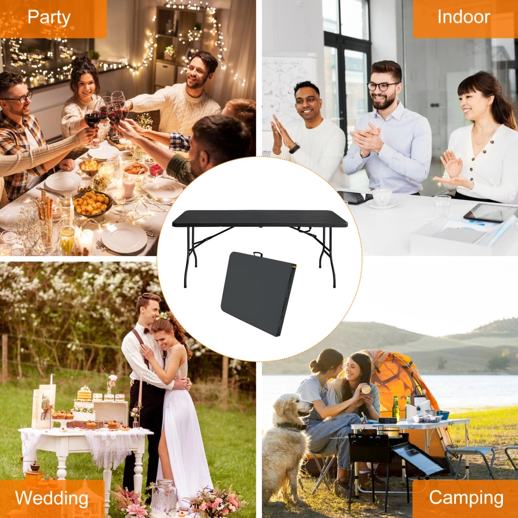 Tavolo pieghevole portatile pesante da 180 cm con maniglia; tavolo pieghevole; tavolo pieghevole multifunzionale per feste picnic in campeggio dentro e all'aperto; capacità peso 135 KG (nero)