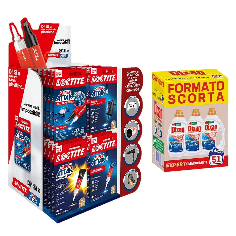 ESPOSITORE SUPER ATTAK 'ALL PLASTICS' 36 pz + 3 flaconi Dixan 'EXPERT' omaggio  - LOCTITE
