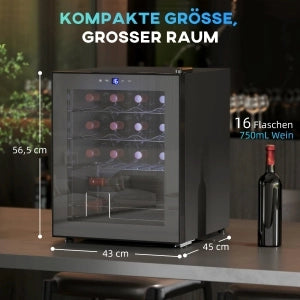 Cantina vino da appoggio, 16 bottiglie, porta in vetro, touchscreen, illuminazione LED, per casa, bar, soggiorno, cucina