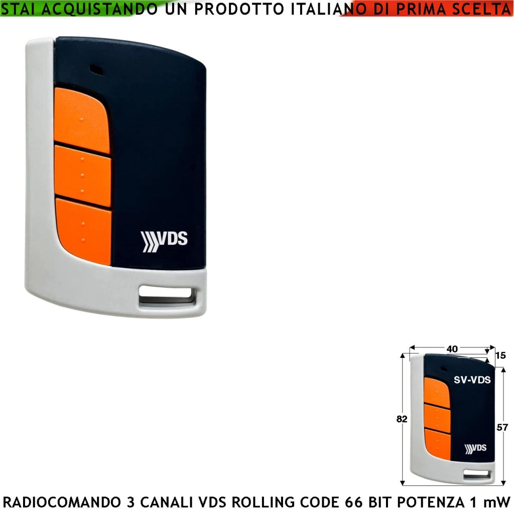 Radiocomando Cancello Automatico Frequenza 433,92 MHz 3 Canali Numerati Potenza 1 mW Portata Libera 60/100 MT Codice Sicurezza VDS Rolling Code 66 Bit Batteria 12 V 23A Contenitore ABS 3 Colori