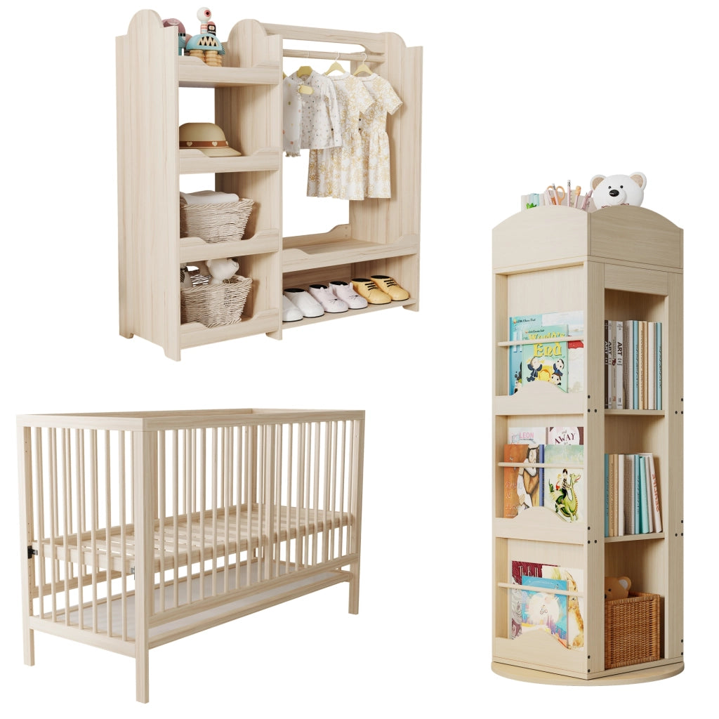 Camera completa con 1 lettino trasformabile, 1 armadio aperto e 1 libreria girevole in legno massello e MDF naturale